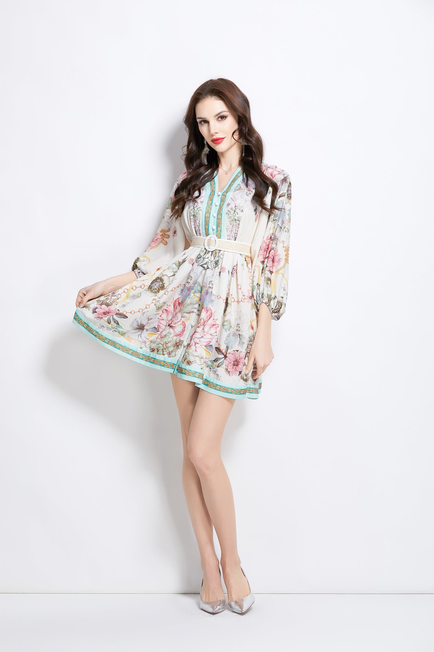 Women's V-Neck Floral Print Mini Dress