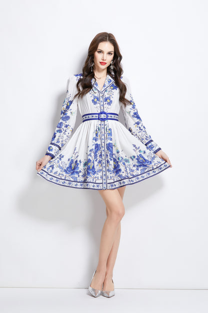 Women's Lapel V-Neck Floral Print Pleats Mini Dress