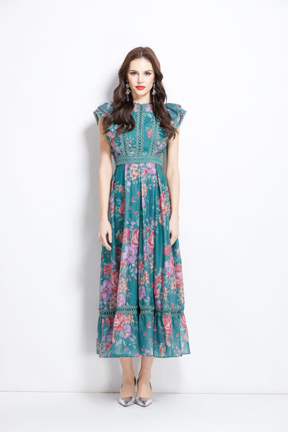 Women's Chiffon Sleeveless Lace Ruffles Print Maxi Dress