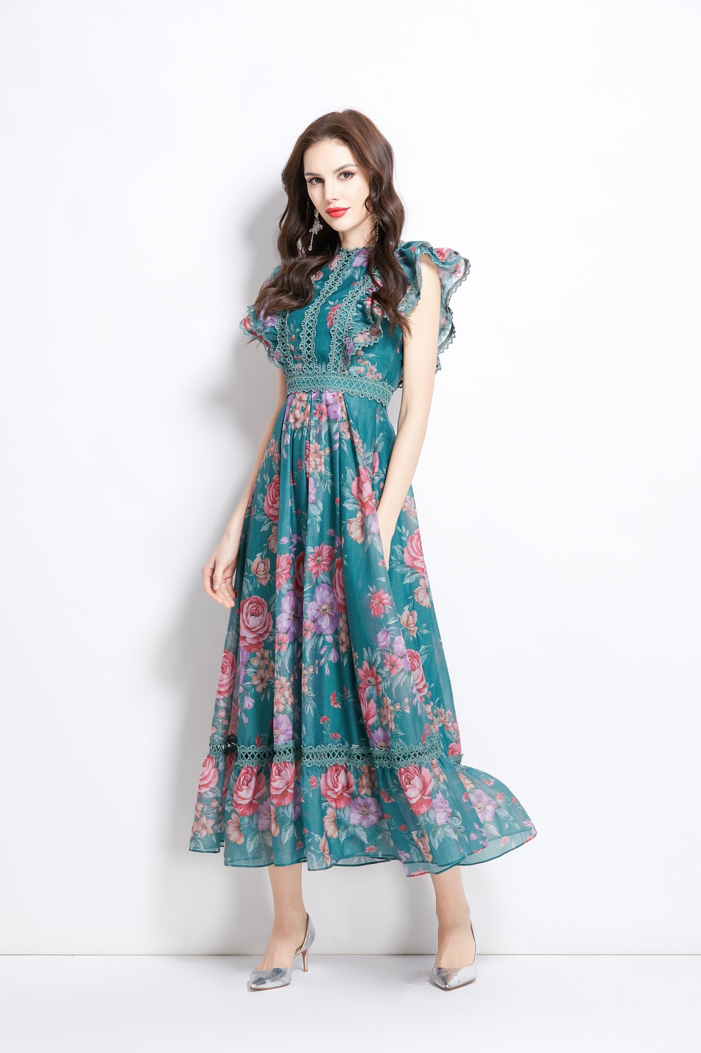 Women's Chiffon Sleeveless Lace Ruffles Print Maxi Dress