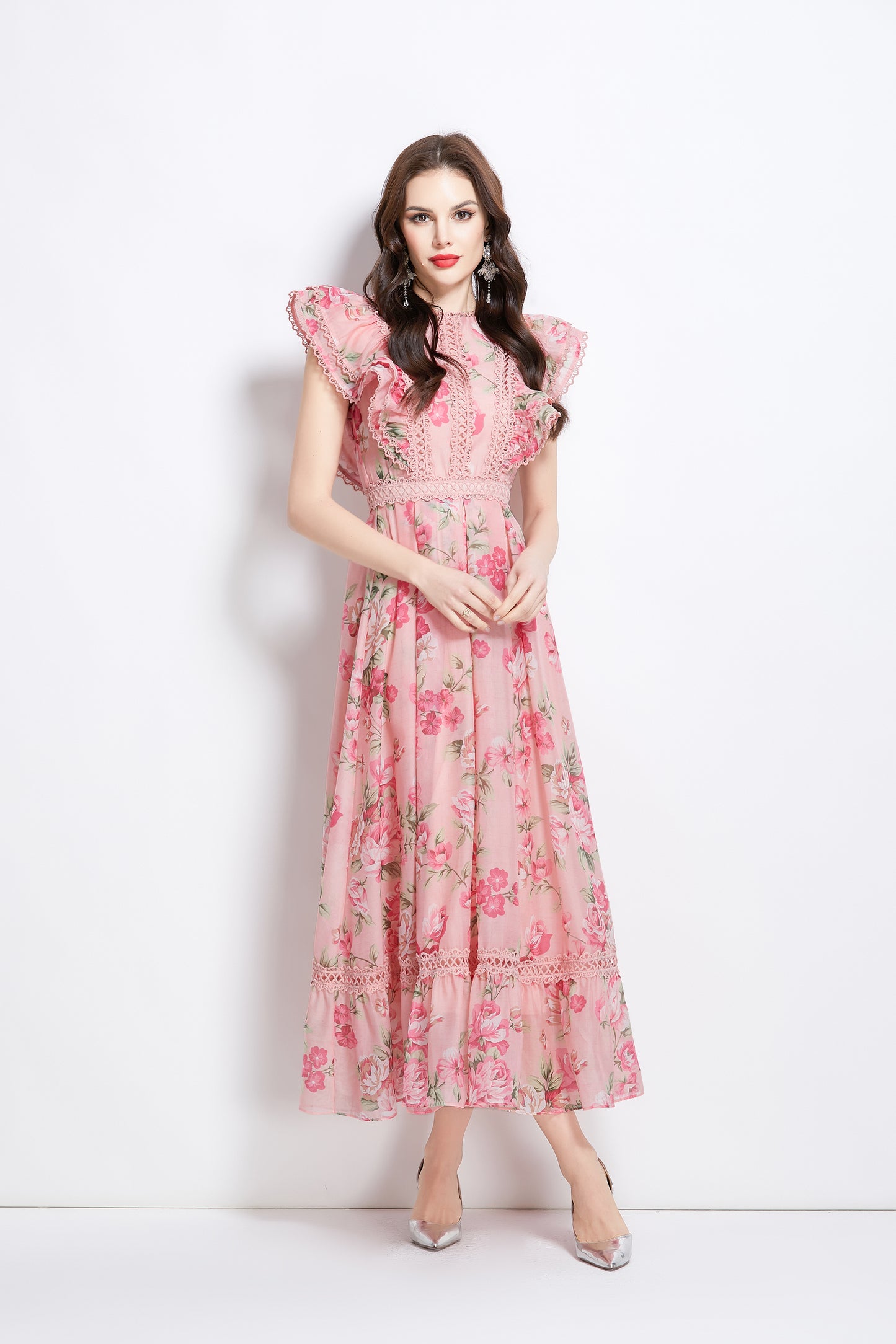 Women's Chiffon Sleeveless Lace Ruffles Print Maxi Dress