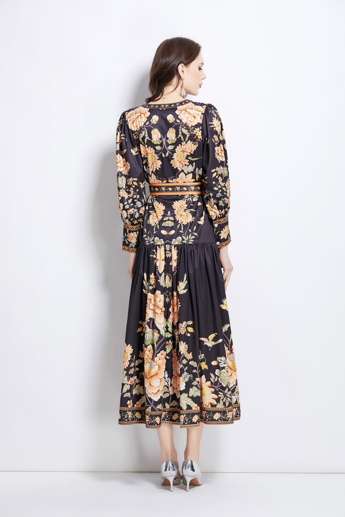 Women's V-Neck Floral Print Pleats Maxi Dress