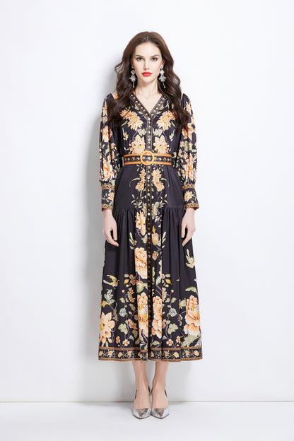 Women's V-Neck Floral Print Pleats Maxi Dress