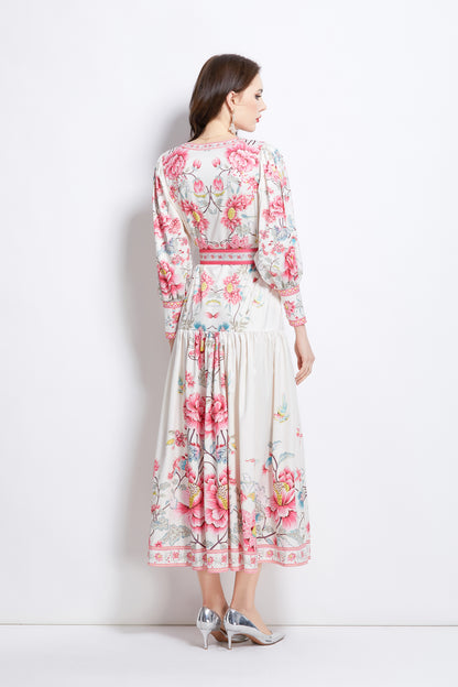 Women's V-Neck Floral Print Pleats Maxi Dress