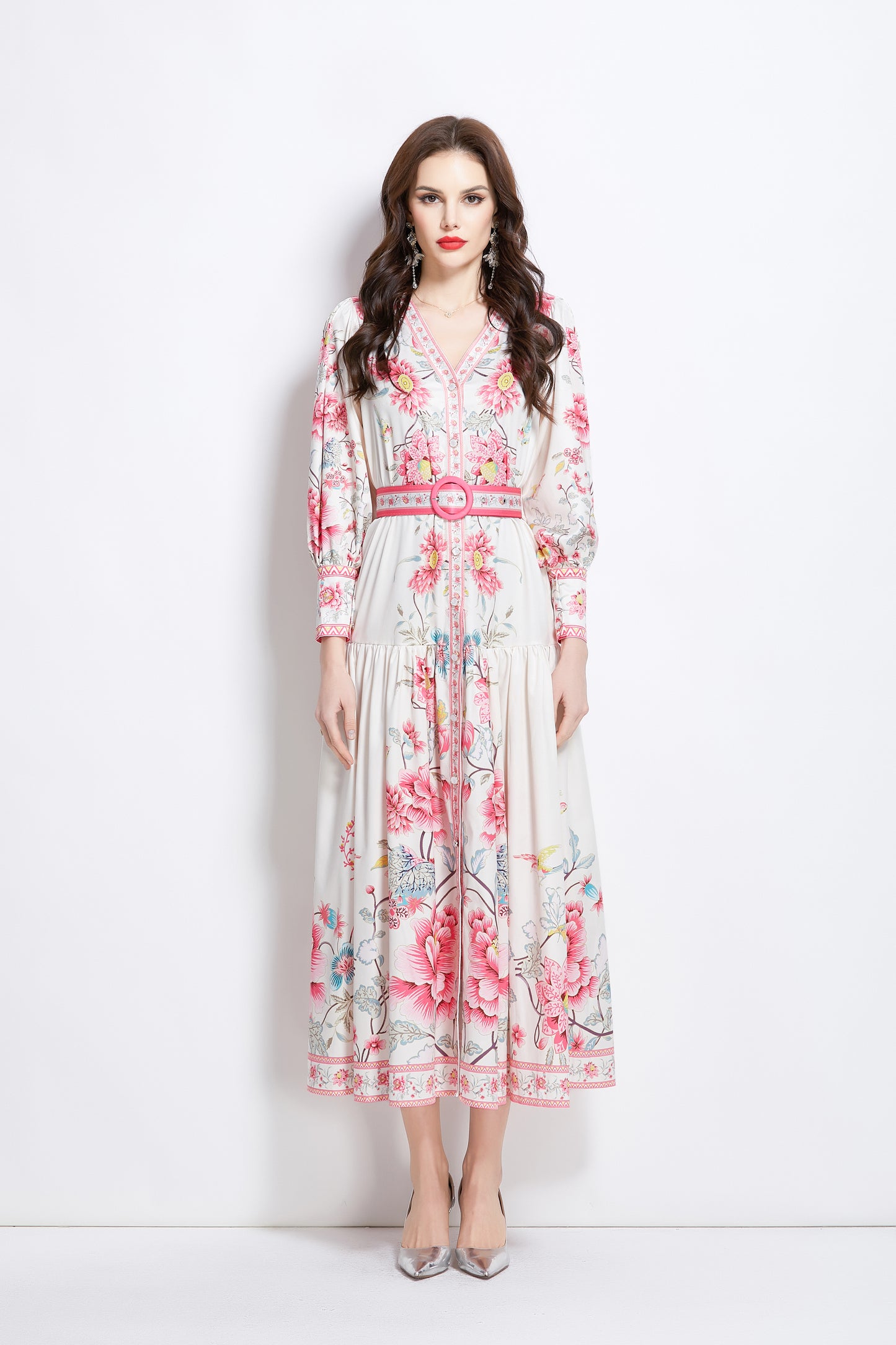 Women's V-Neck Floral Print Pleats Maxi Dress