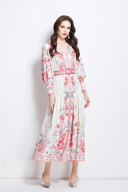 Women's V-Neck Floral Print Pleats Maxi Dress