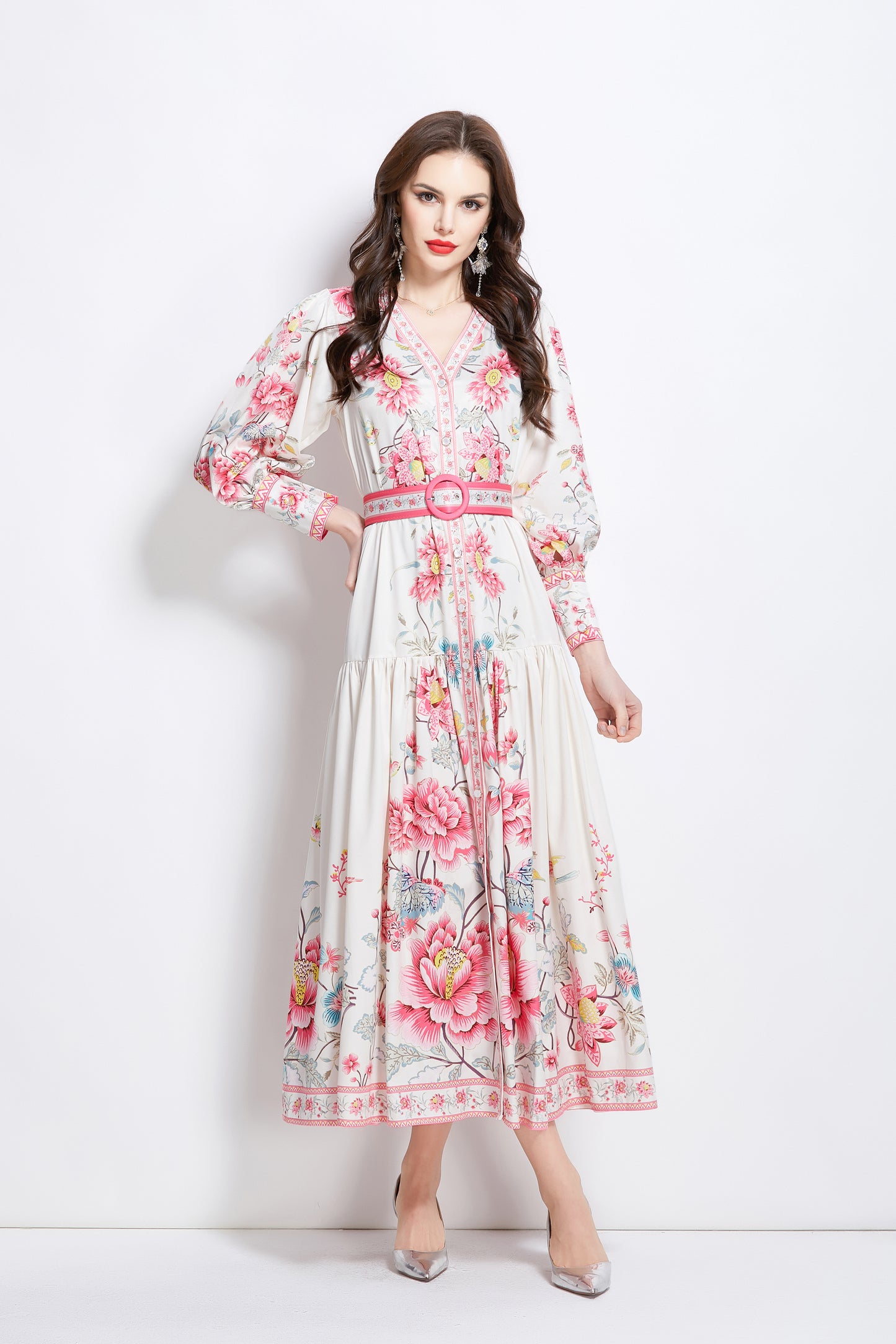 Women's V-Neck Floral Print Pleats Maxi Dress