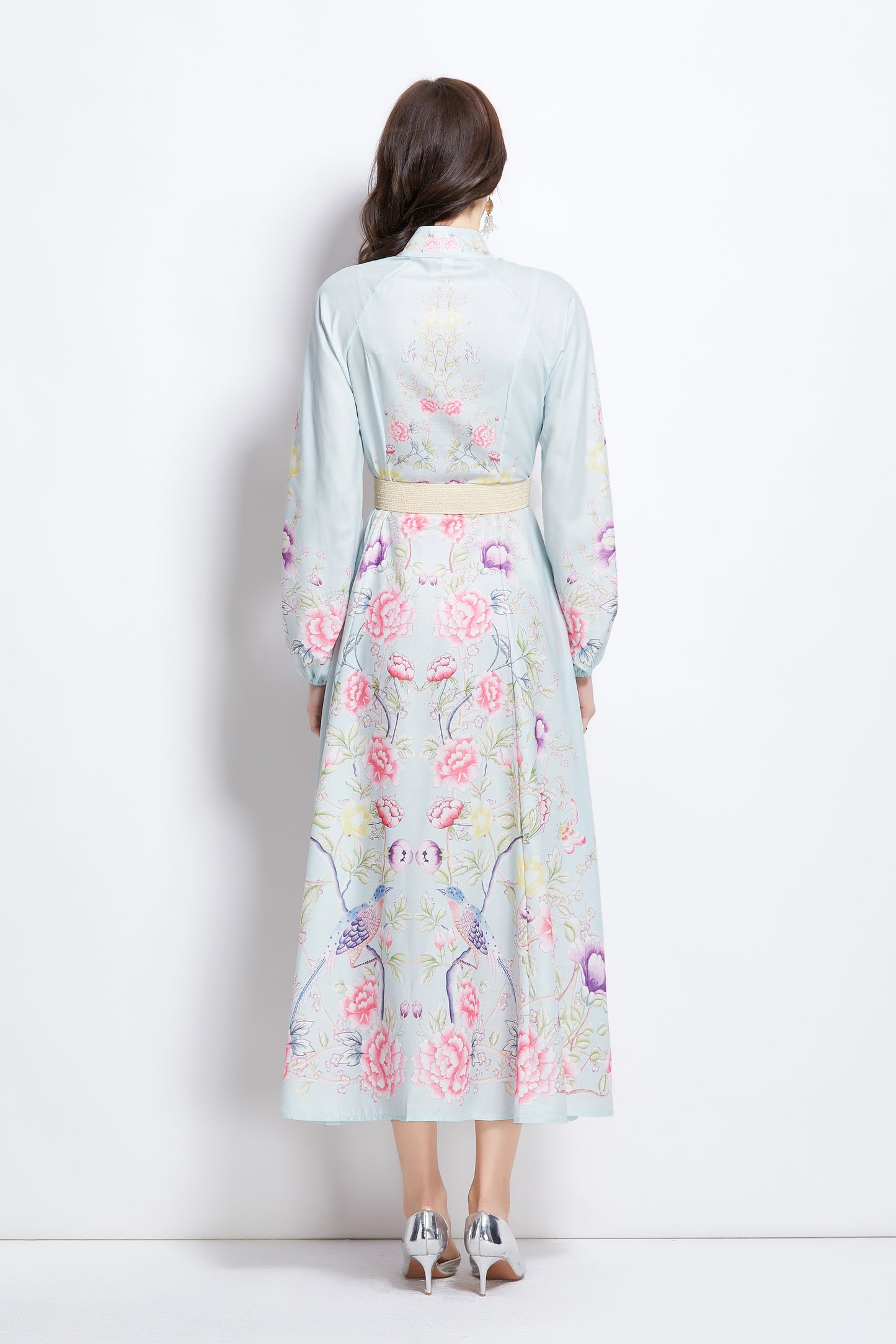 Women's Floral Print Lantern Sleeve Slit Maxi Dress