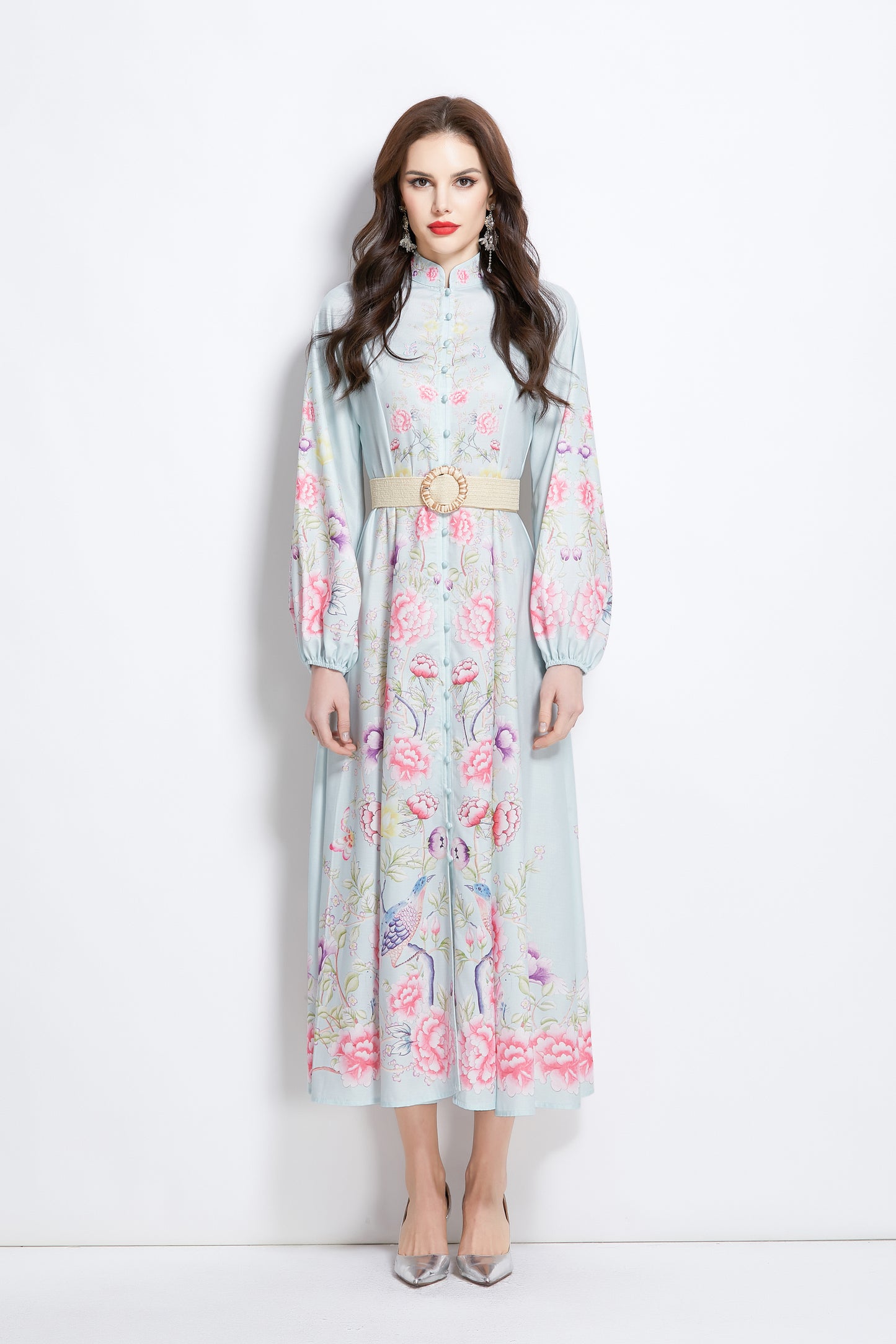 Women's Floral Print Lantern Sleeve Slit Maxi Dress