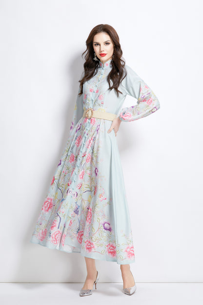 Women's Floral Print Lantern Sleeve Slit Maxi Dress