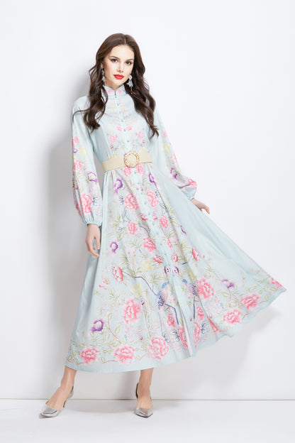 Women's Floral Print Lantern Sleeve Slit Maxi Dress