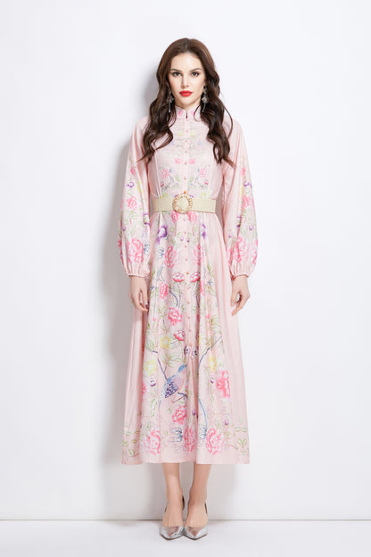 Women's Floral Print Lantern Sleeve Slit Maxi Dress