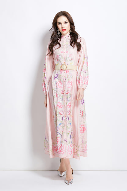 Women's Floral Print Lantern Sleeve Slit Maxi Dress