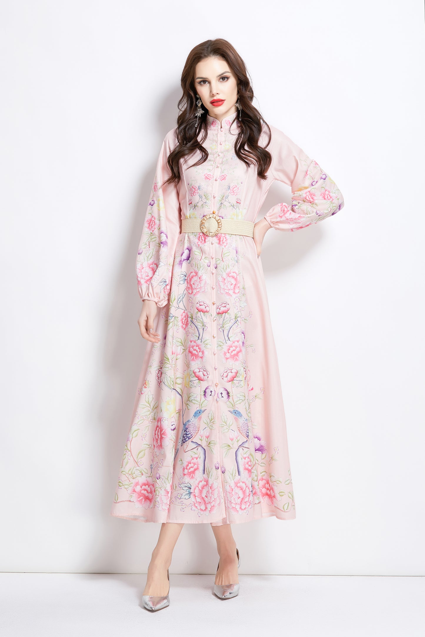 Women's Floral Print Lantern Sleeve Slit Maxi Dress