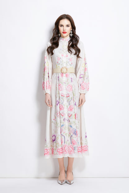 Women's Floral Print Lantern Sleeve Slit Maxi Dress