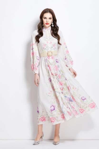 Women's Floral Print Lantern Sleeve Slit Maxi Dress