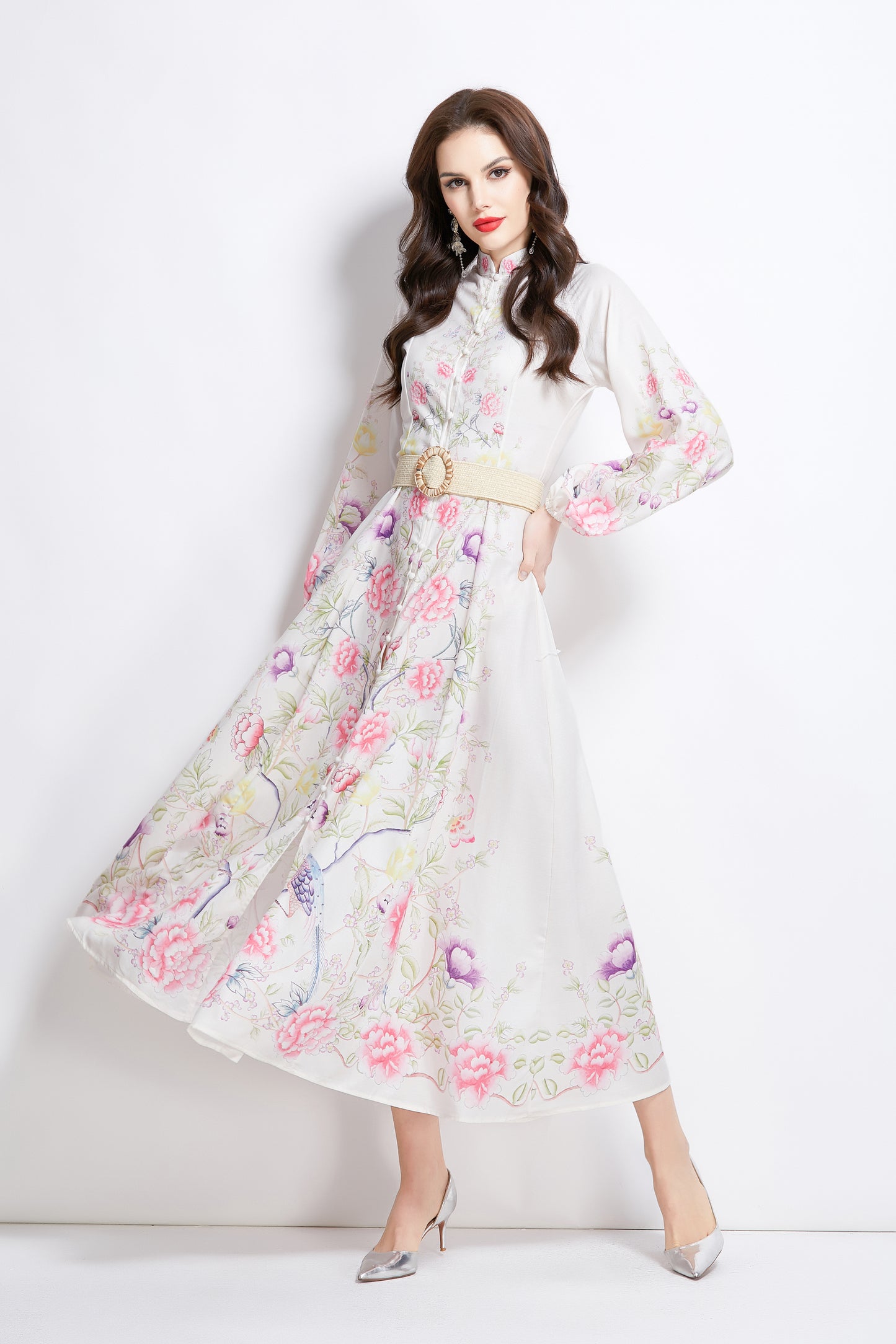 Women's Floral Print Lantern Sleeve Slit Maxi Dress