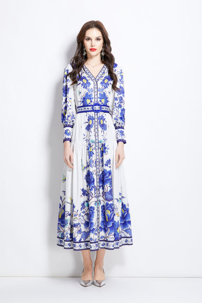 Women's V-Neck Floral Print Pleats Maxi Dress