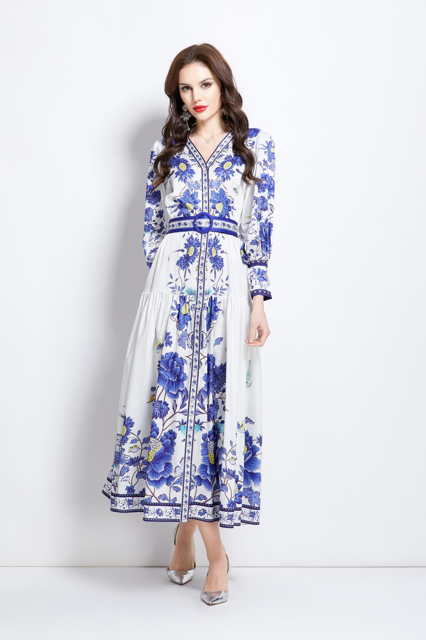 Women's V-Neck Floral Print Pleats Maxi Dress