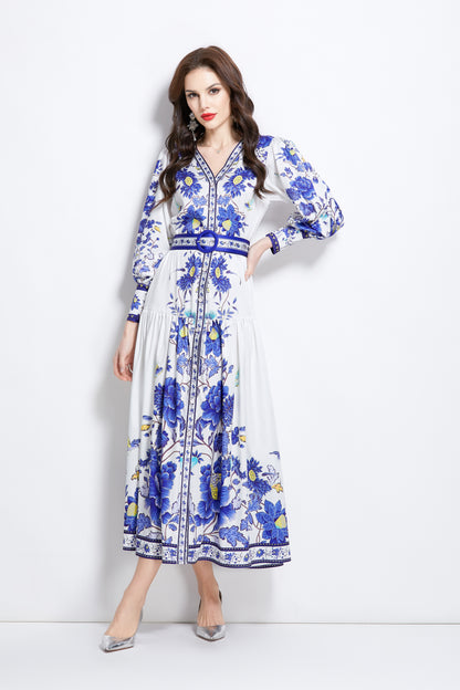 Women's V-Neck Floral Print Pleats Maxi Dress