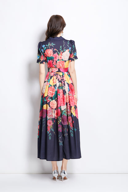 Women's V-Neck Floral Print Short Sleeve Maxi Dress