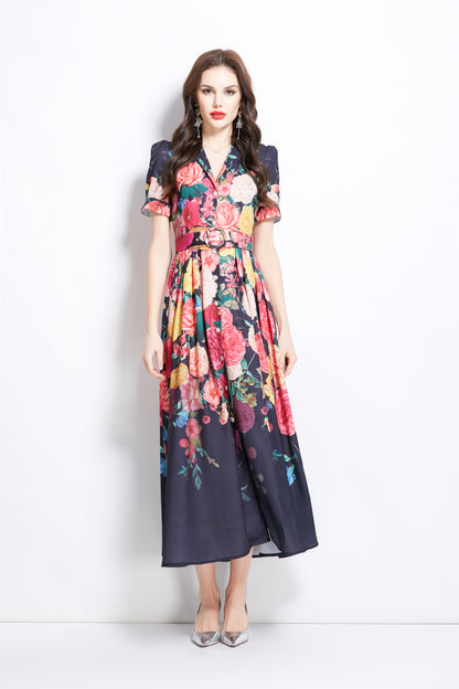 Women's V-Neck Floral Print Short Sleeve Maxi Dress