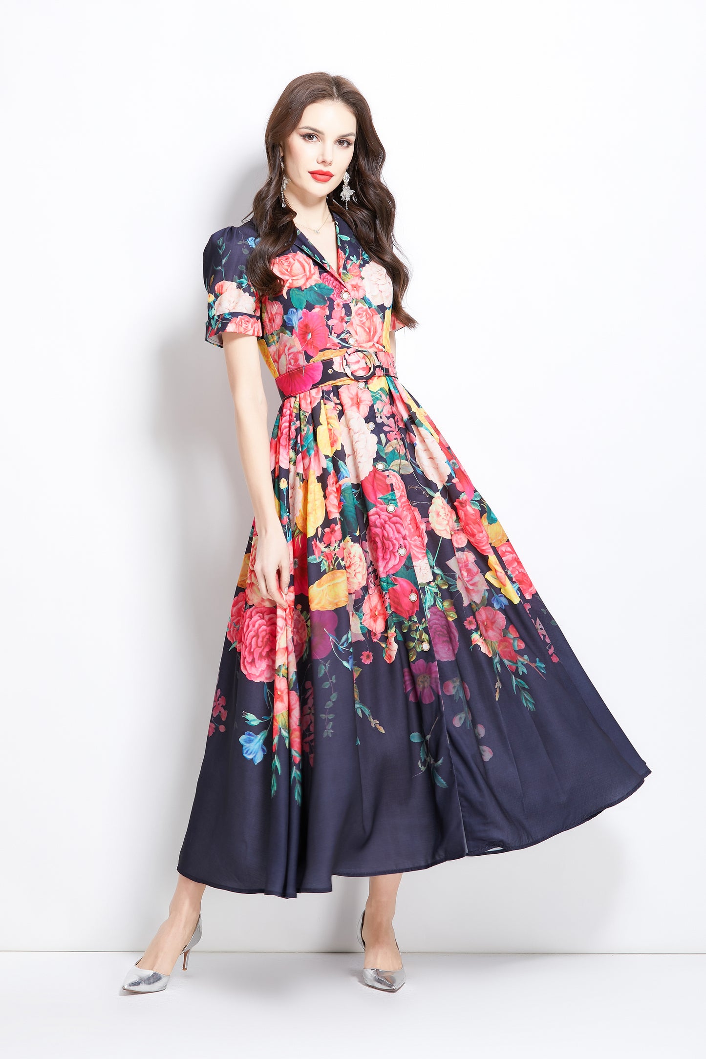 Women's V-Neck Floral Print Short Sleeve Maxi Dress