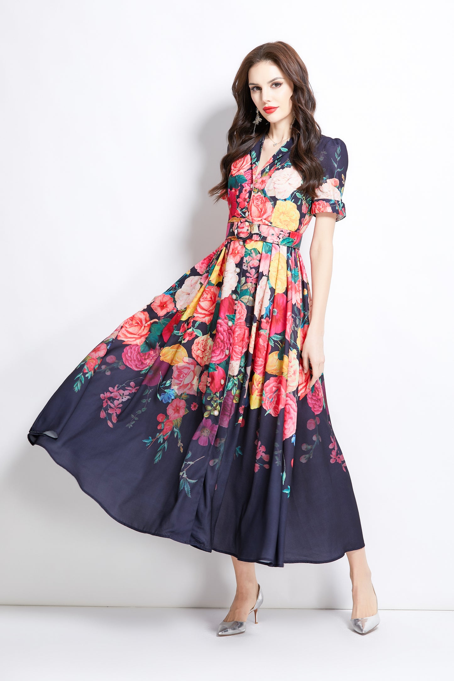 Women's V-Neck Floral Print Short Sleeve Maxi Dress