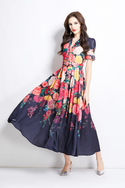 Women's V-Neck Floral Print Short Sleeve Maxi Dress