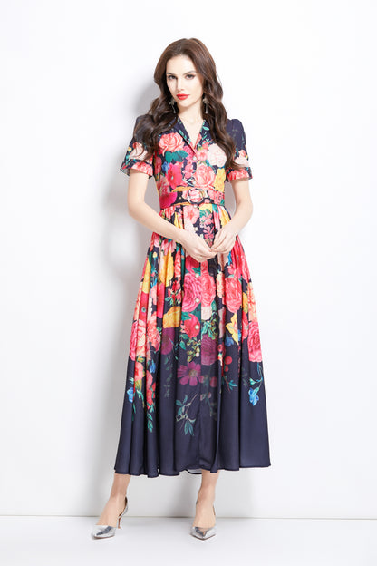 Women's V-Neck Floral Print Short Sleeve Maxi Dress