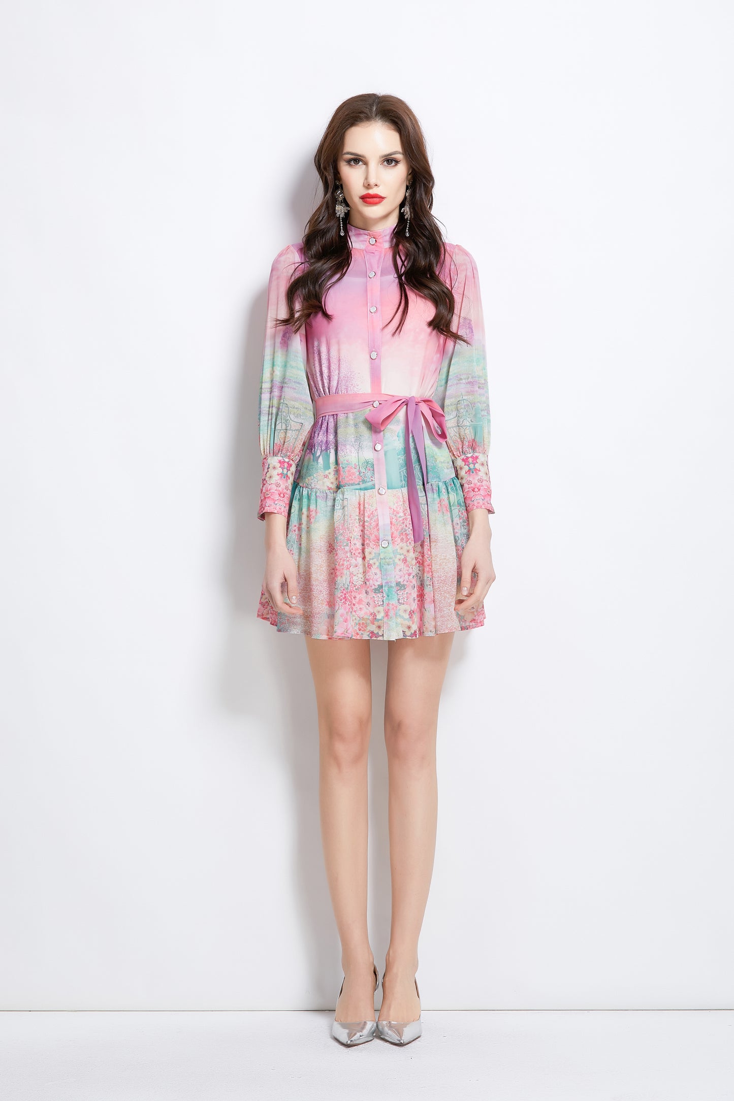 Women's Floral Print Lantern Sleeve Ruffle Mini Dress