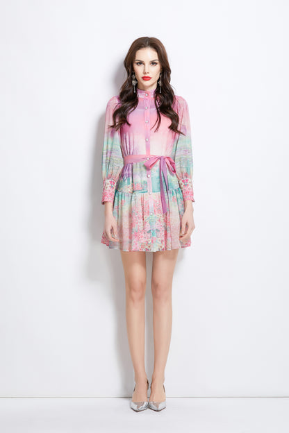 Women's Floral Print Lantern Sleeve Ruffle Mini Dress