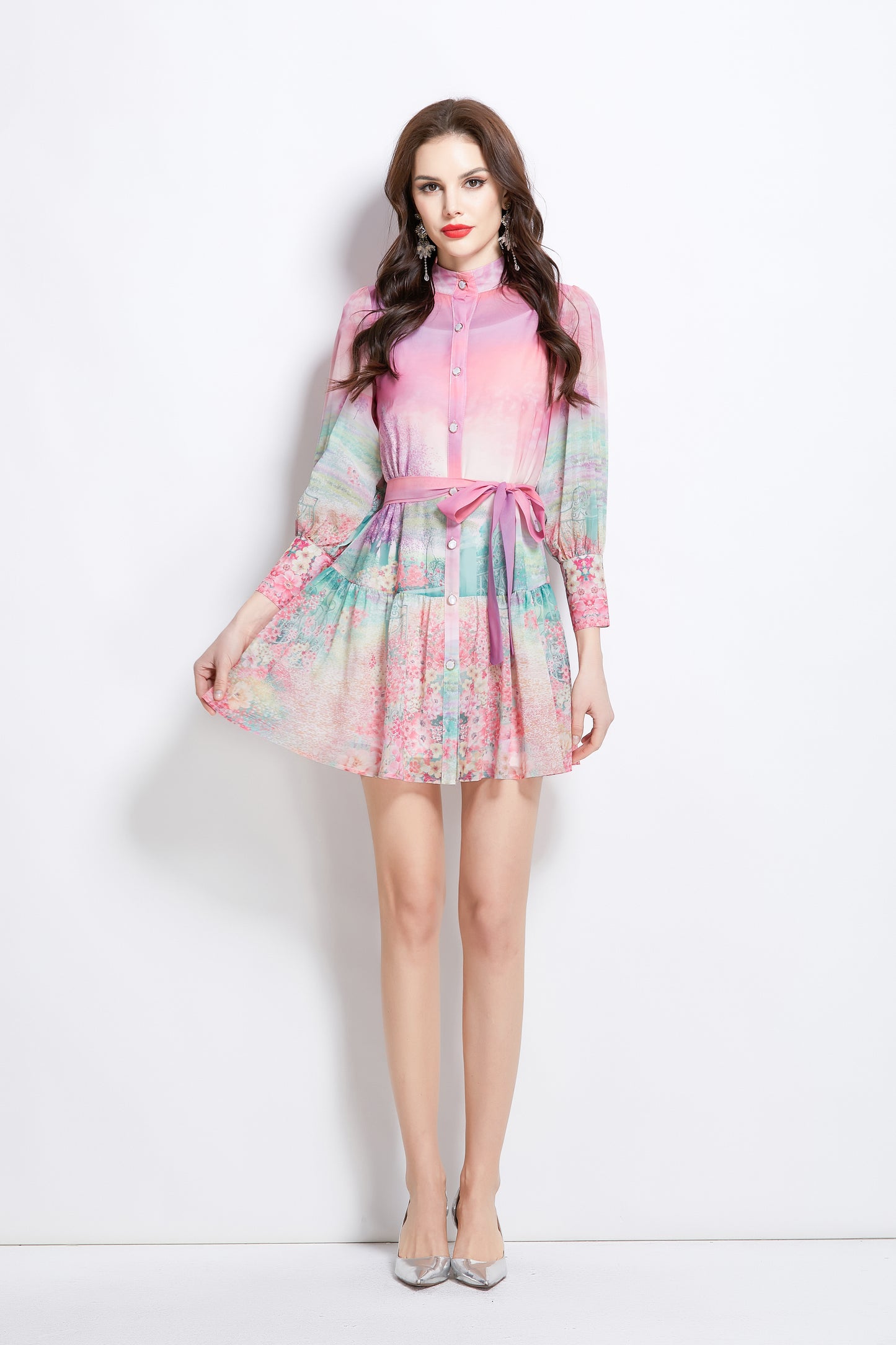 Women's Floral Print Lantern Sleeve Ruffle Mini Dress