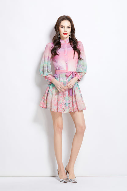 Women's Floral Print Lantern Sleeve Ruffle Mini Dress