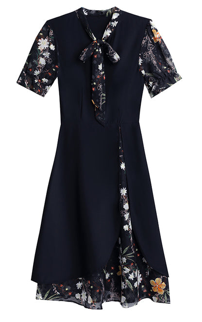 Floral Short Sleeve Tie-Neck Midi Dress