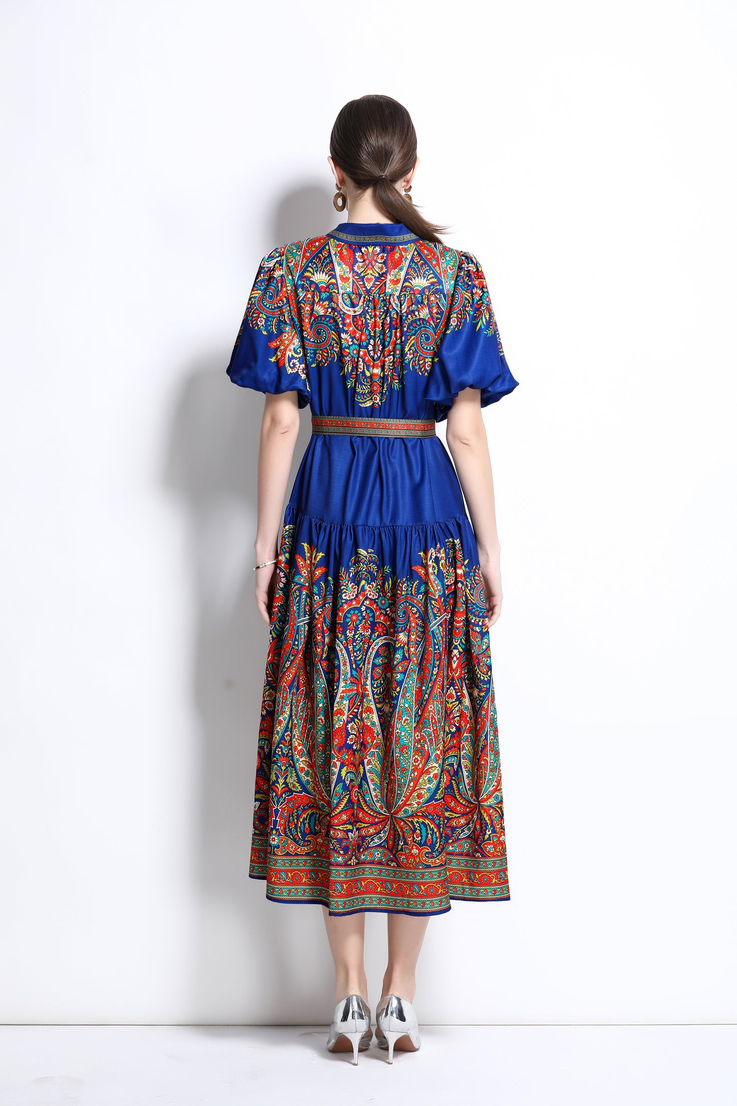 Women's Ethnic Print Loose Short Puff Sleeve Midi Dress