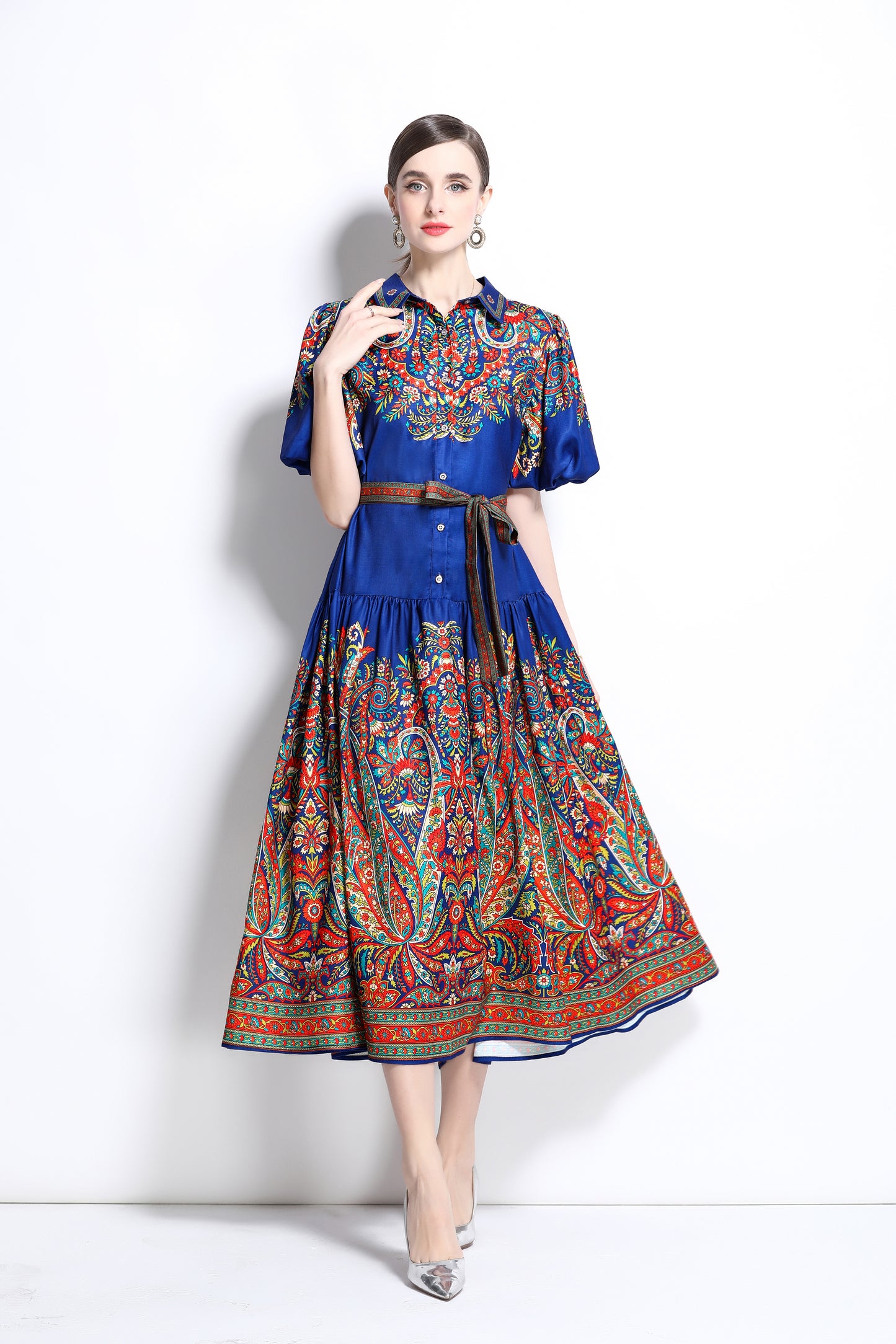 Women's Ethnic Print Loose Short Puff Sleeve Midi Dress