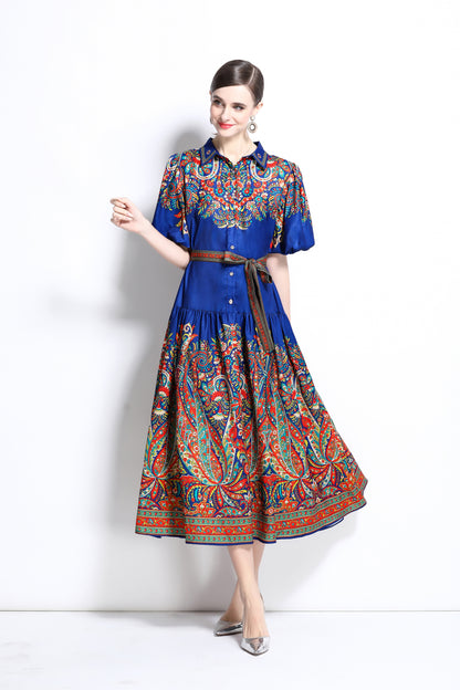 Women's Ethnic Print Loose Short Puff Sleeve Midi Dress