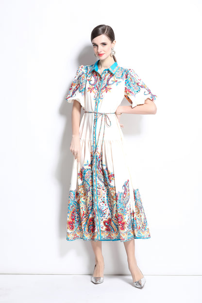 Women's Ethnic Print Loose Short Puff Sleeve Midi Dress