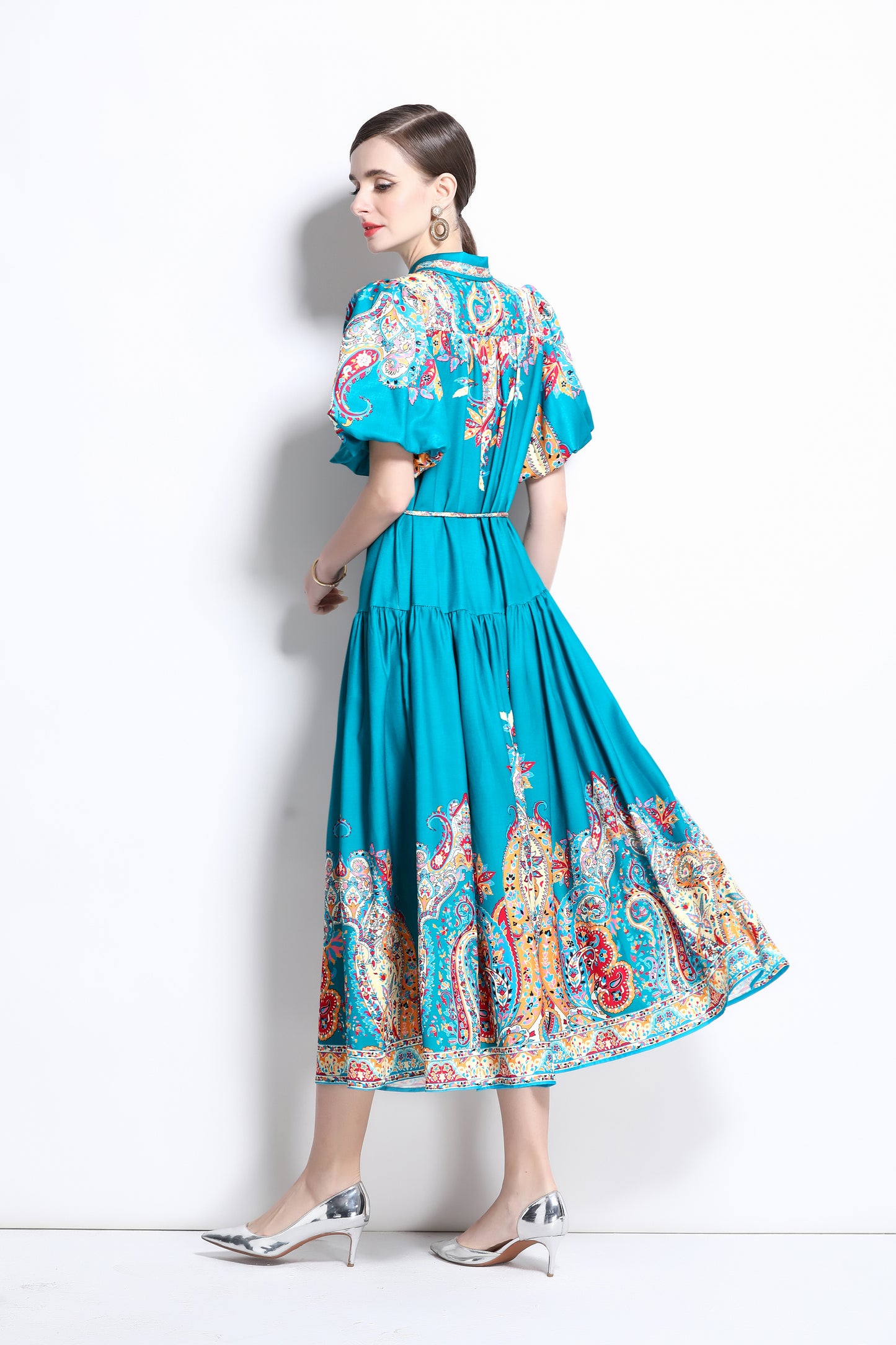 Women's Ethnic Print Loose Short Puff Sleeve Midi Dress