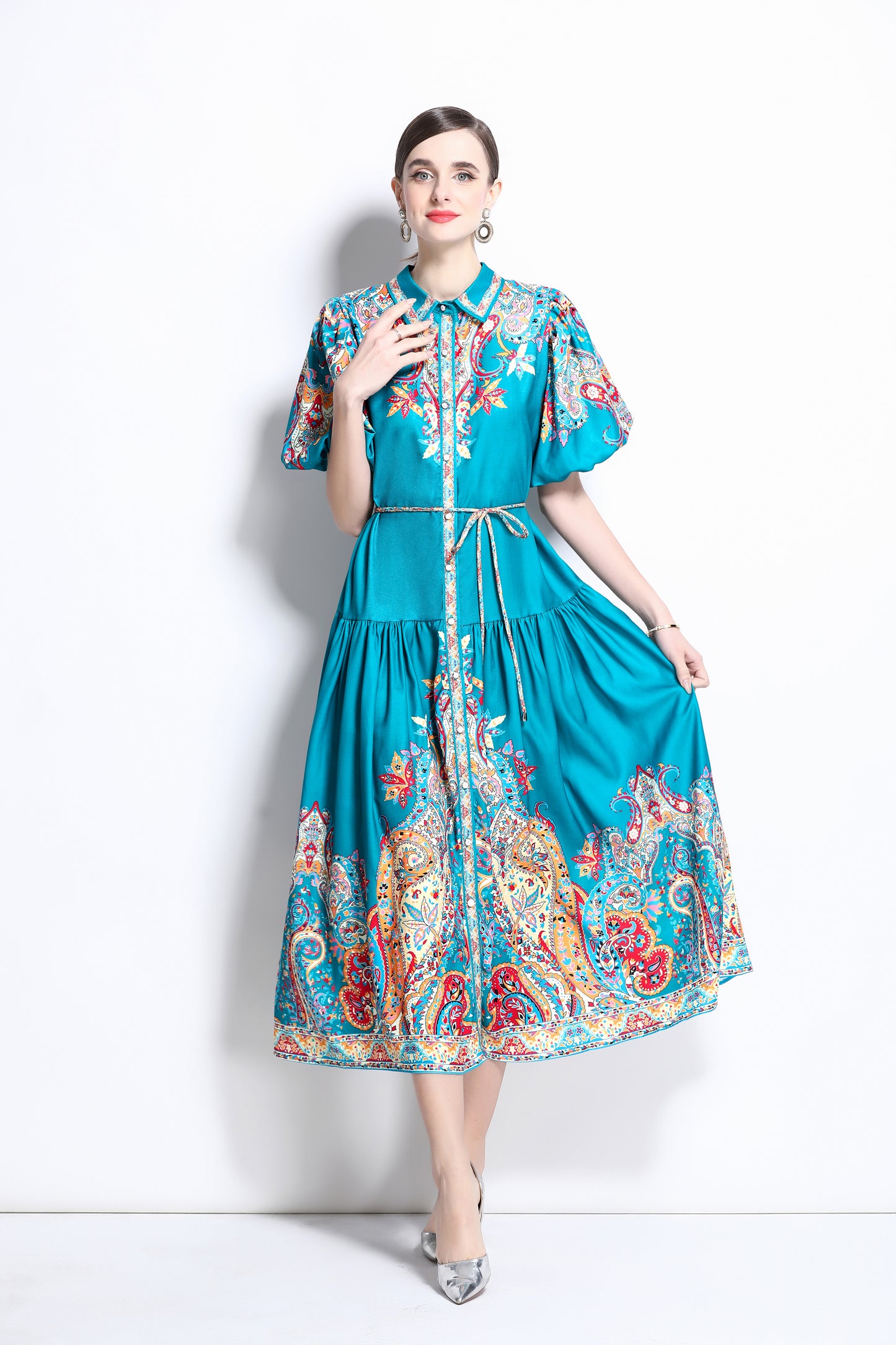 Women's Ethnic Print Loose Short Puff Sleeve Midi Dress