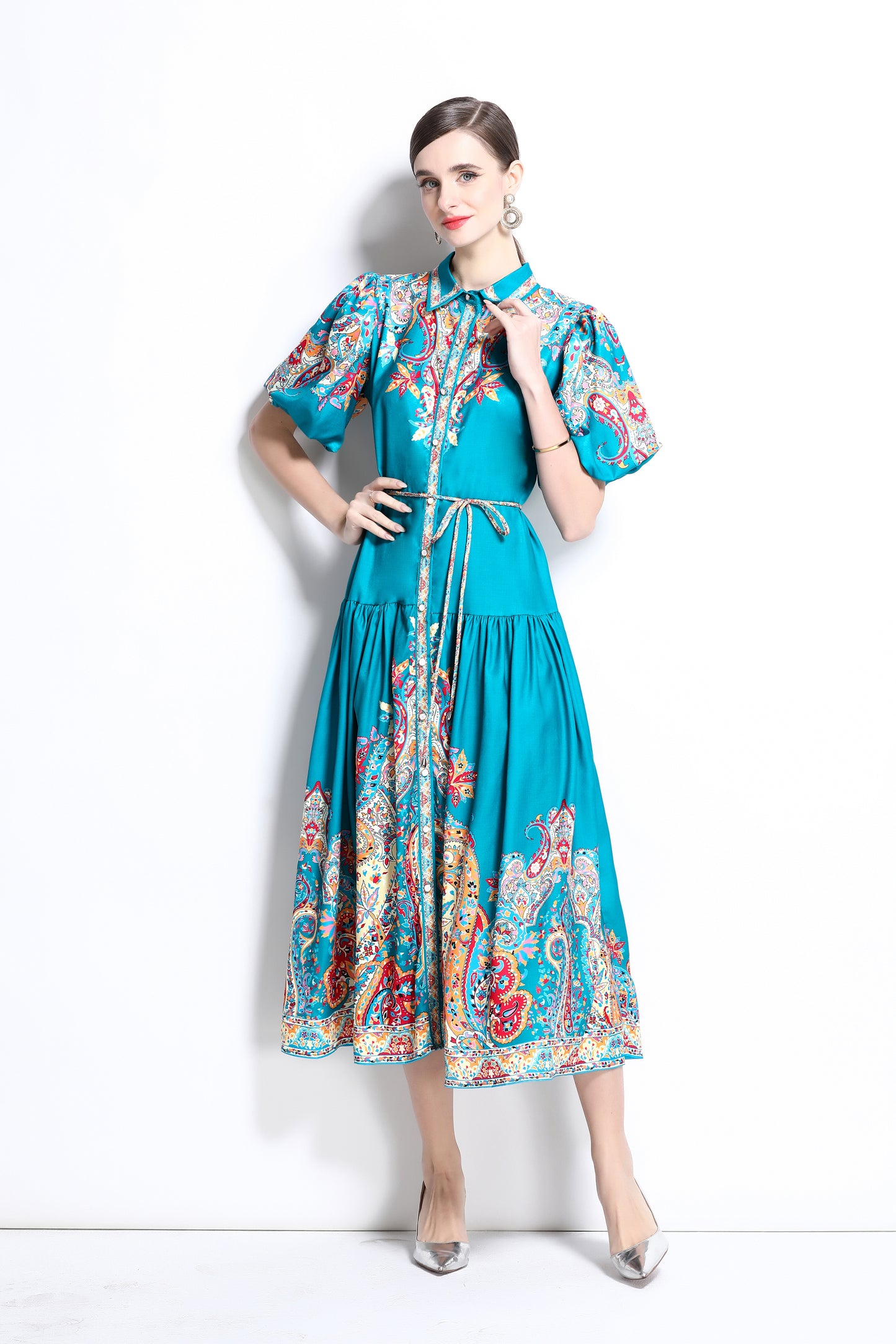 Women's Ethnic Print Loose Short Puff Sleeve Midi Dress