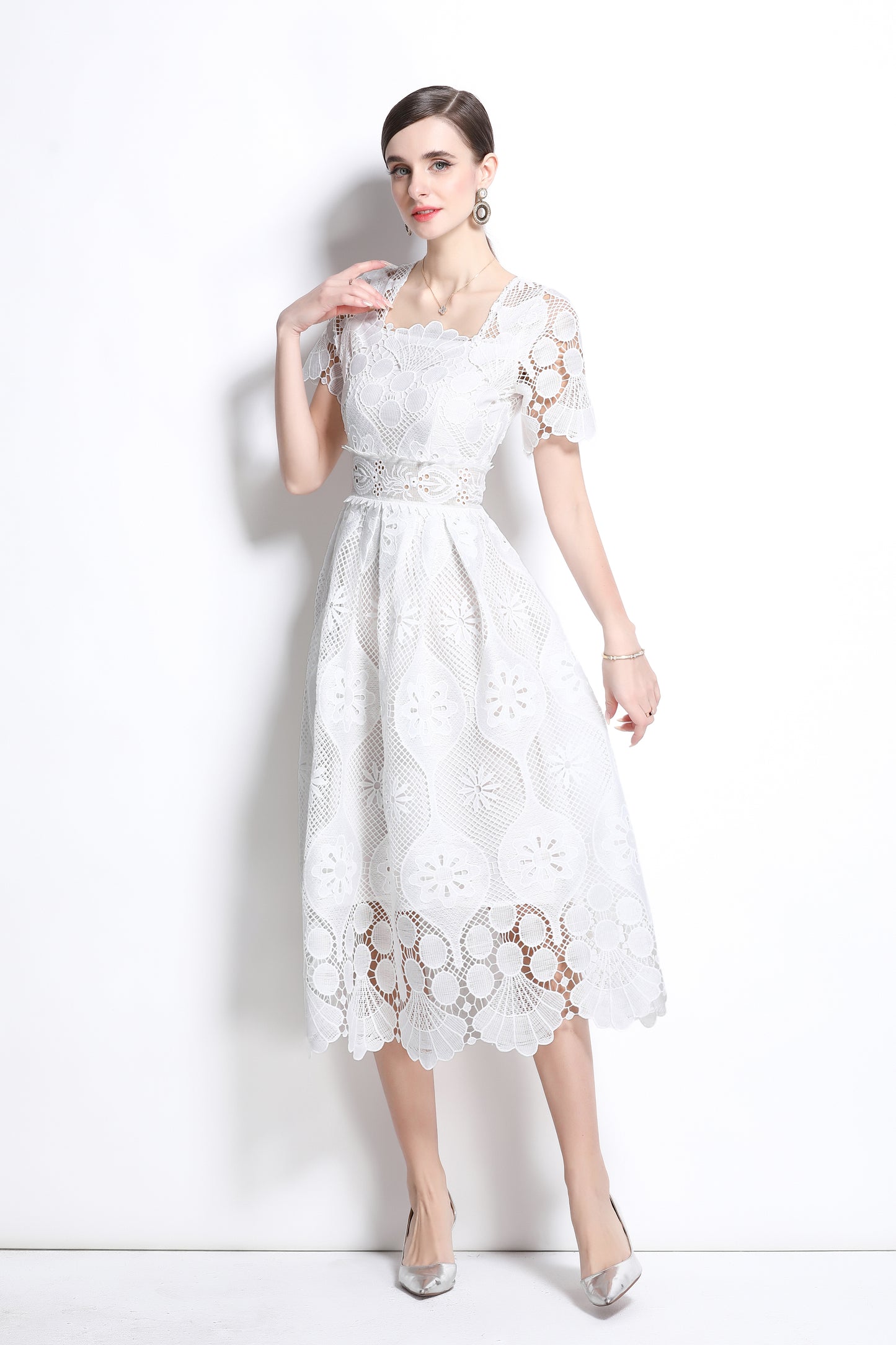 Women's Lace Hollow Solid Color Midi Dress