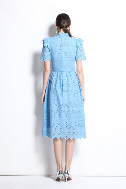 Women's Short Sleeve Lace Buttons Ruffles Midi Dress