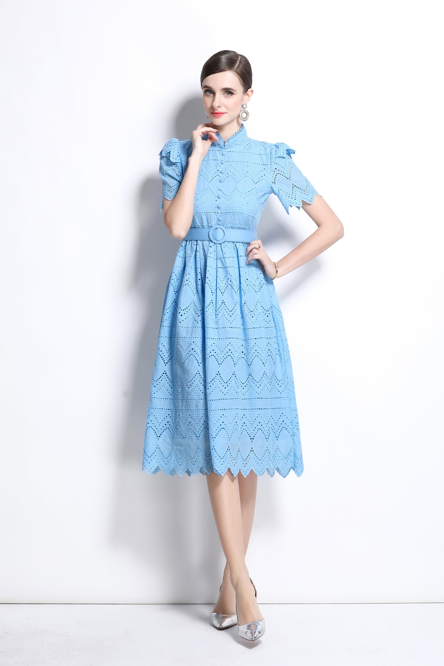 Women's Short Sleeve Lace Buttons Ruffles Midi Dress