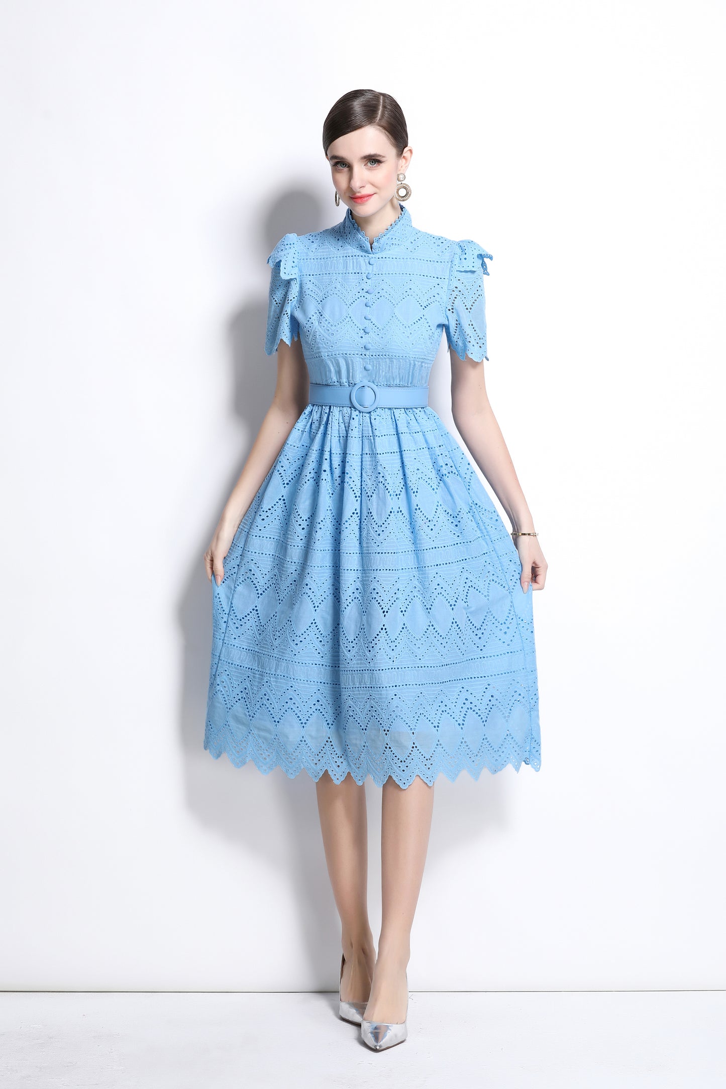 Women's Short Sleeve Lace Buttons Ruffles Midi Dress