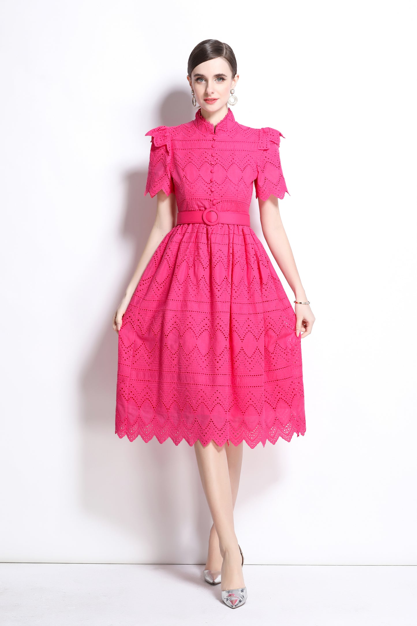 Women's Short Sleeve Lace Buttons Ruffles Midi Dress