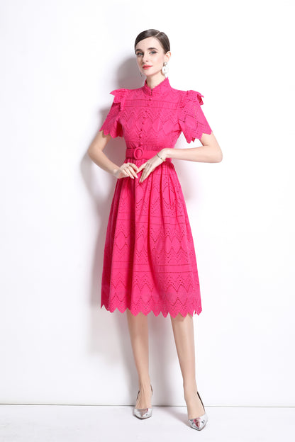 Women's Short Sleeve Lace Buttons Ruffles Midi Dress