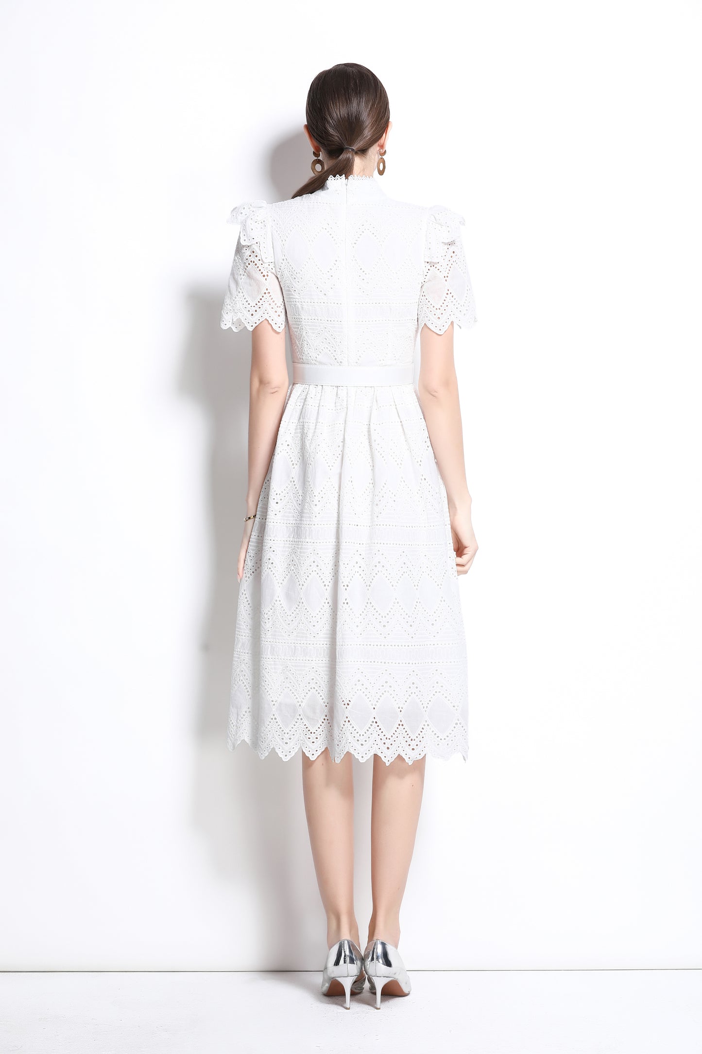 Women's Short Sleeve Lace Buttons Ruffles Midi Dress