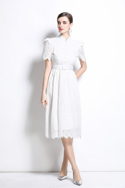 Women's Short Sleeve Lace Buttons Ruffles Midi Dress